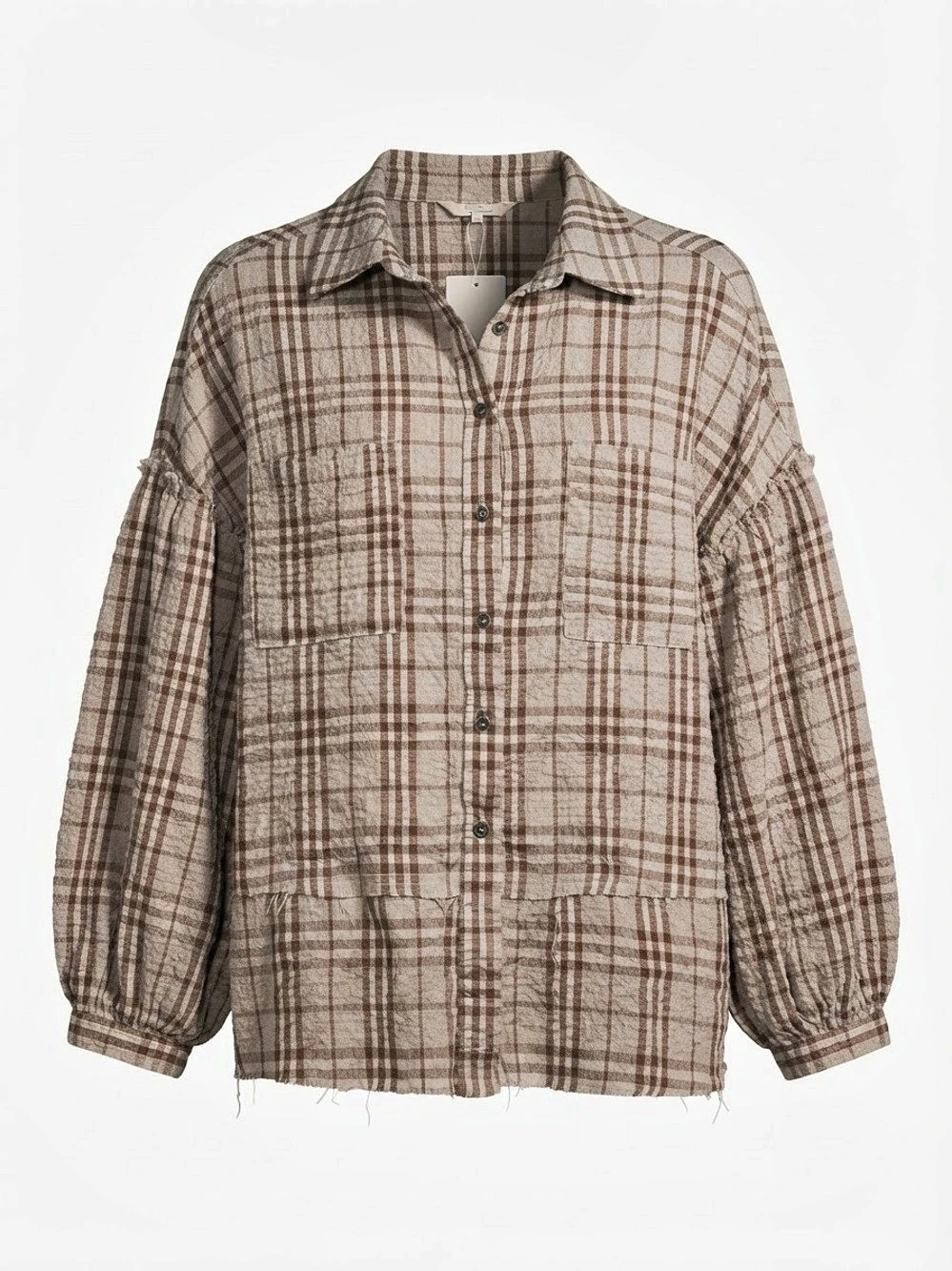 Plaid Cotton Button Down Shirt Brown & White Large